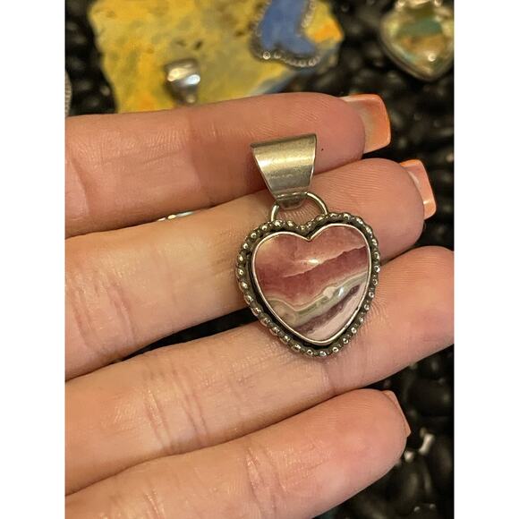 Sterling Silver Signed Pink💗Rhodochrosite Heart Pendant Rhodonite Beauty - Picture 4 of 4